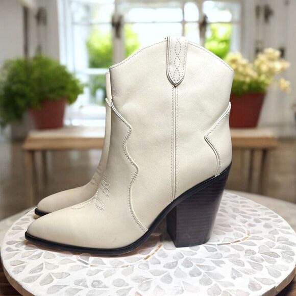 PAIGE $378 Porter Ankle Boot Ivory Western Pointed Toe Leather Block Heel Women’ - Picture 5 of 13